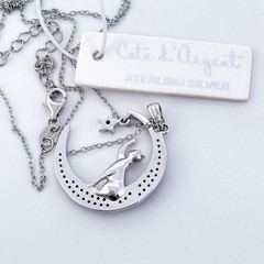 NWT Cote d’ Argent Sterling Silver Black Spinel Cat Moon Pendant Necklace 16-18″