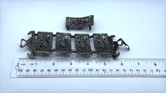 Silver Blue Stone Bracelet Lapis Pearl Vtg Ornate Brutalist Panel Mixed Metals