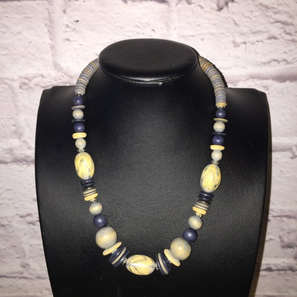 Vintage Beaded Statement Necklace Wood Acrylic Choker Blue Yellow Boho Chic
