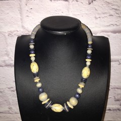 Vintage Beaded Statement Necklace Wood Acrylic Choker Blue Yellow Boho Chic