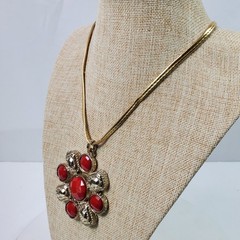 Classy Career Statement Pendant Necklace Red Gold Tone on Rope