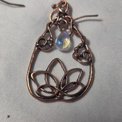 Copper Tone Lotus Teardrop Earrings Wire-Wrapped Designs Iridescent Crystal