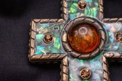 Vntg Brass Cross Pendant Abalone Shell Mosaic Faux Amber Cabochon Boho Pendant