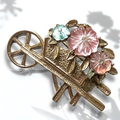 Flower Cart Brooch Molded Glass Rhinestones Gold Tone Garden Vintage Pin