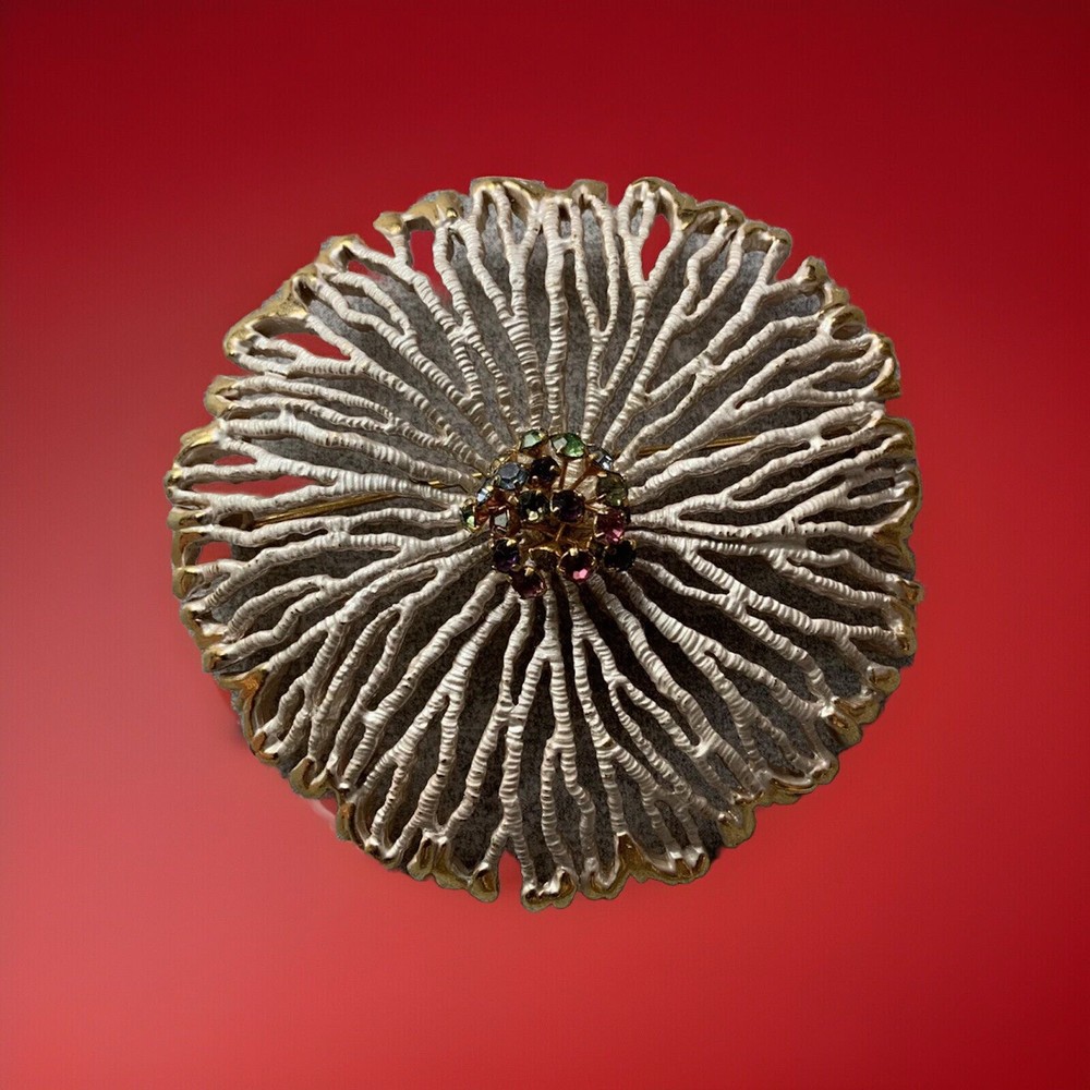 Vintage 1970s PARK LANE Large White Enamel Rhinestone Coral Flower BROOCH PIN