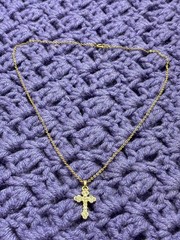 Vtg 80s Goldtone Clear Rhinestone Cross Pendant Necklace Spring Ring Clasp