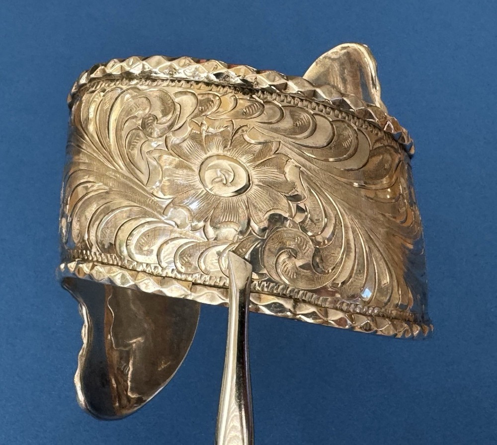 Vintage RARE Signed MOSES Sterling Silver Hand Engraved Curved End Cuff Bracelet