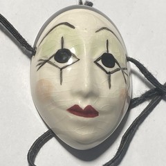 Glazed Porcelain Ceramic Mardi Gras Mask 2.2x 1.52” chord Necklace old Vitag 22″