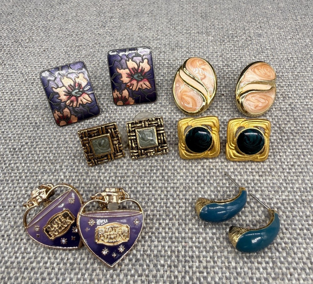Vintage Enamel Earring Lot Marbled Hearts Hoops Pierced