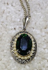 Vintage Emerald Pendant with Pearl Accents On Decorative Gold Tone