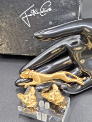 VTG JACKIE COLLINS Panther Set In Box Brooch Clip Earrings Gold Tone Rhinestones