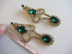 Vintage Green Rhinestone Dangle Clip Earrings 3.5 in Long