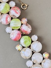 Vintage Signed HOBE’ Bracelet & Earring Set, White & Pink Givre Glass Stones