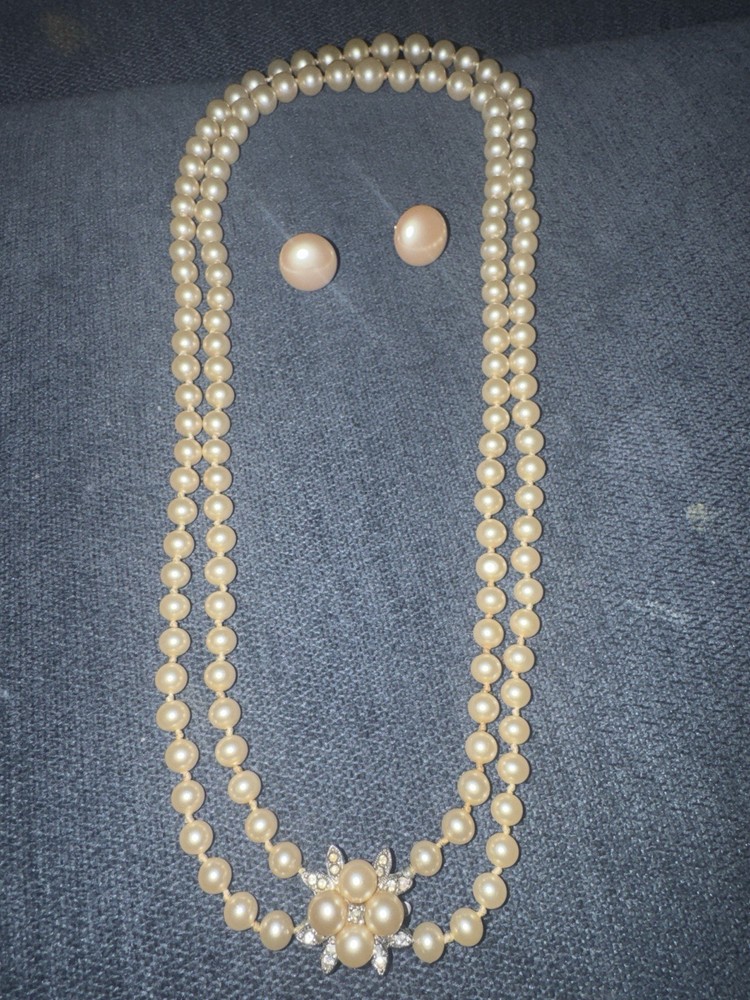 1940’s Vintage Faux Pearl Necklace Earrings Set Double Strand Rhinestone Floral