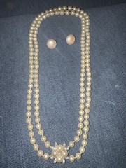 1940’s Vintage Faux Pearl Necklace Earrings Set Double Strand Rhinestone Floral