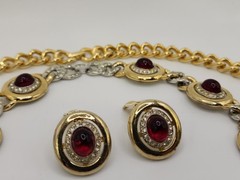 VINTAGE KENNETH LANE RARE 3 PIECE NECKLACE & EARRING SET GOLD RED CABOCHON