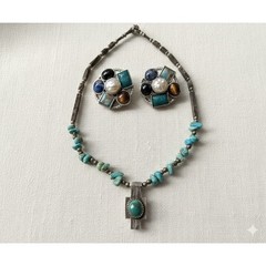 Vtg Turquoise Southwestern Necklace Multi-Stone Clip On Earring Set Statement