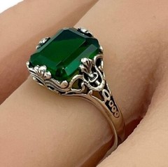 Vintage Art Deco Emerald & Lab Created Diamond Engagement Wedding 925Silver Ring