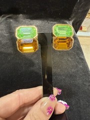 Vintage Signed Kenneth Lane Green & Orange Rhinestone Runway Clip-On Earrings