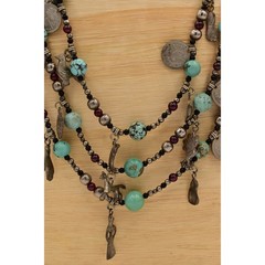 Vintage Beaded Charm Necklace Heavy Layered Turquoise Coin Antiqued Chunky BinBJ