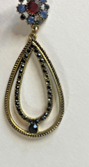 Vintage Dangle Earrings Gold Tone Black Red Blue Rhinestones Cluster Oval 3.5 In