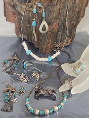 LG STERLING MIXED JEWELRY LOT-ZUNI NAVAJO MEXICO-TURQUOISE LAPIS CORAL-SOUTHWEST