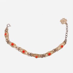 STERLING SILVER bracelet filigree scrolled panel links tiny coral glass cabs 10g