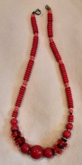Necklace, Vintage Red glass & plastic beads separated by metal discs