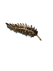 Vintage Crown Trifari Leaf Brooch Turquoise Beads Rare Feather