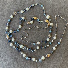 VTG BLUE RHINESTONE SILVER NECKLACE 64” PEARLS RONDELLES FACETED BEADS FLAPPER