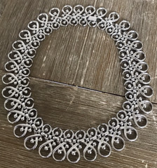 Vintage Crown Trifari Silver Tone Ribbon Crystal Wide Necklace RARE 15.5 in