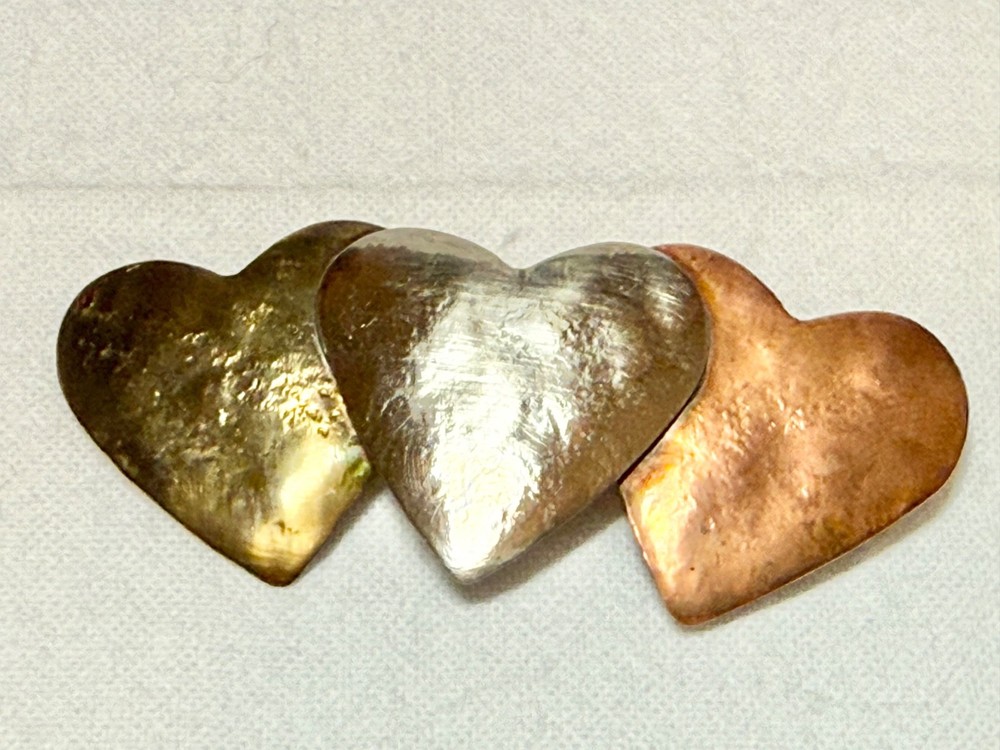 triple heart brooch three color copper brass and silver tone brooch