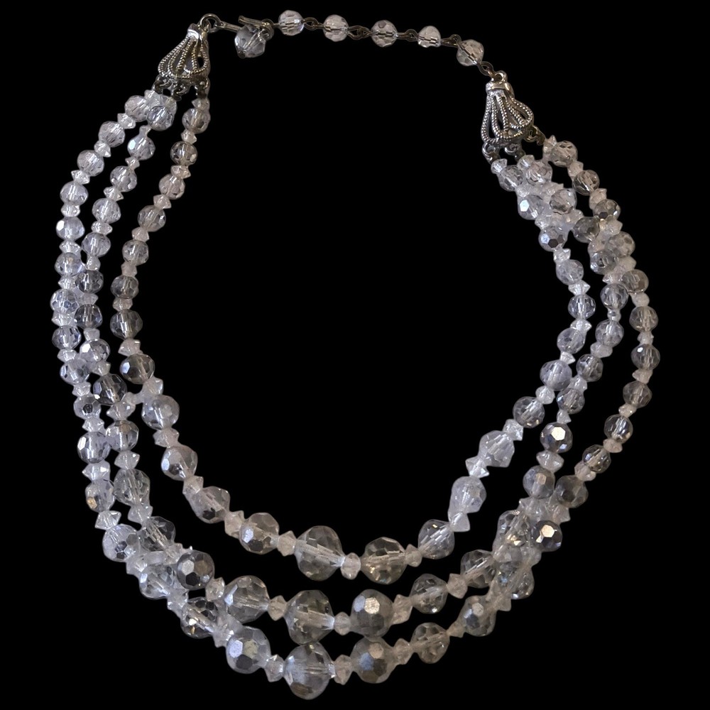 Vintage 3 Strand Crystal Glass Choker Necklace Clear Gray Faceted Beads 12–15″