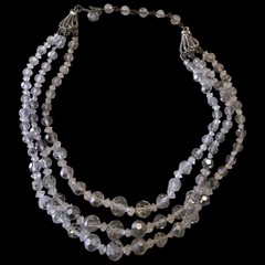 Vintage 3 Strand Crystal Glass Choker Necklace Clear Gray Faceted Beads 12–15″