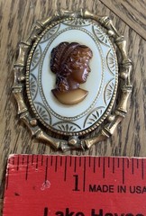 Vintage Cameo Brooch Brown Resin Oval Gold Tone Metal Filigree 2”