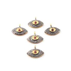 6ct Pave Diamond Evil Eye With Ruby Charm, 925 Sterling Vermeil Single Bail