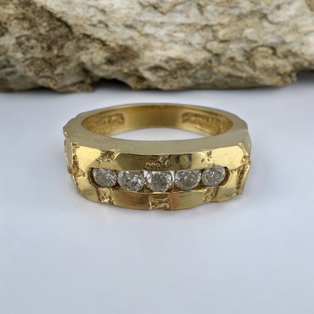 Vintage 14 Karat Yellow Gold Nugget Style Textured Channel Set Diamond Ring