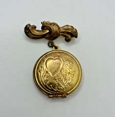 Vintage Locket Photo Brooch Pin Gold Tone C Clasp Heart Floral Embossed