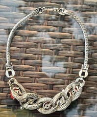 Vintage Unsigned Selro Style Red Black Glass Cabochon Statement Necklace MCM