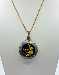 Vintage Cloisonne Pendant Necklace Double Sided Black Floral Gold Tone Enamel