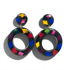 Vintage 80s Black Lucite Resin Confetti Dangle Earrings