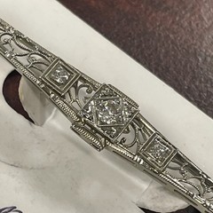 Antique BELAIS 18K White Gold ART DECO 1930’s Filigree Bar Brooch w/3 Diamonds