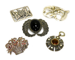 Antique Vintage Sterling Silver Art Nouveau Art Deco 4 Brooches 1 Pendant Lot