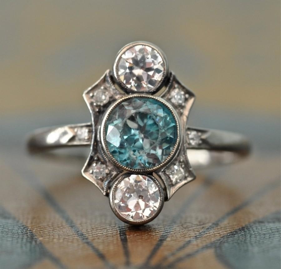 Art Deco Round Cut 2.30 Ct Blue Topaz Antique Vintage Ring 14K White Gold Finish
