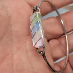 Vtg Sterling Silver Mop Mother Pearl Tension Bracelet Colors 7″ signed Inlay 925