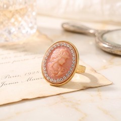 Vintage Pink Cameo Ring, Antique Gold Statement Ring, Rhinestone Halo