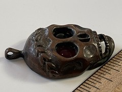Unusual Vintage SKULL Pendant w Red Gem Eyes Copper?