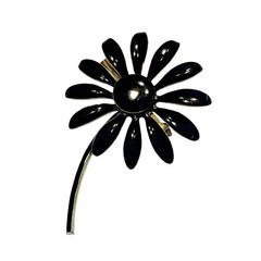 Vintage Mid Century flower power brooch mod gold tone & black enamel daisy