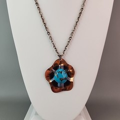 Vintage Turquoise Necklace Pendant Scalloped Copper 23″
