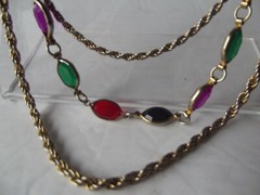 Triple Graduated Chain Necklace Purple green red black Bezel Set crystals vtg